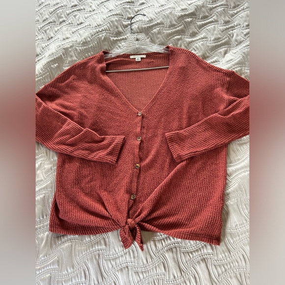 American Eagle Orange/Brown Waffle Long Sleeve Top with Front Knot Tie Womens S - Picture 1 of 5